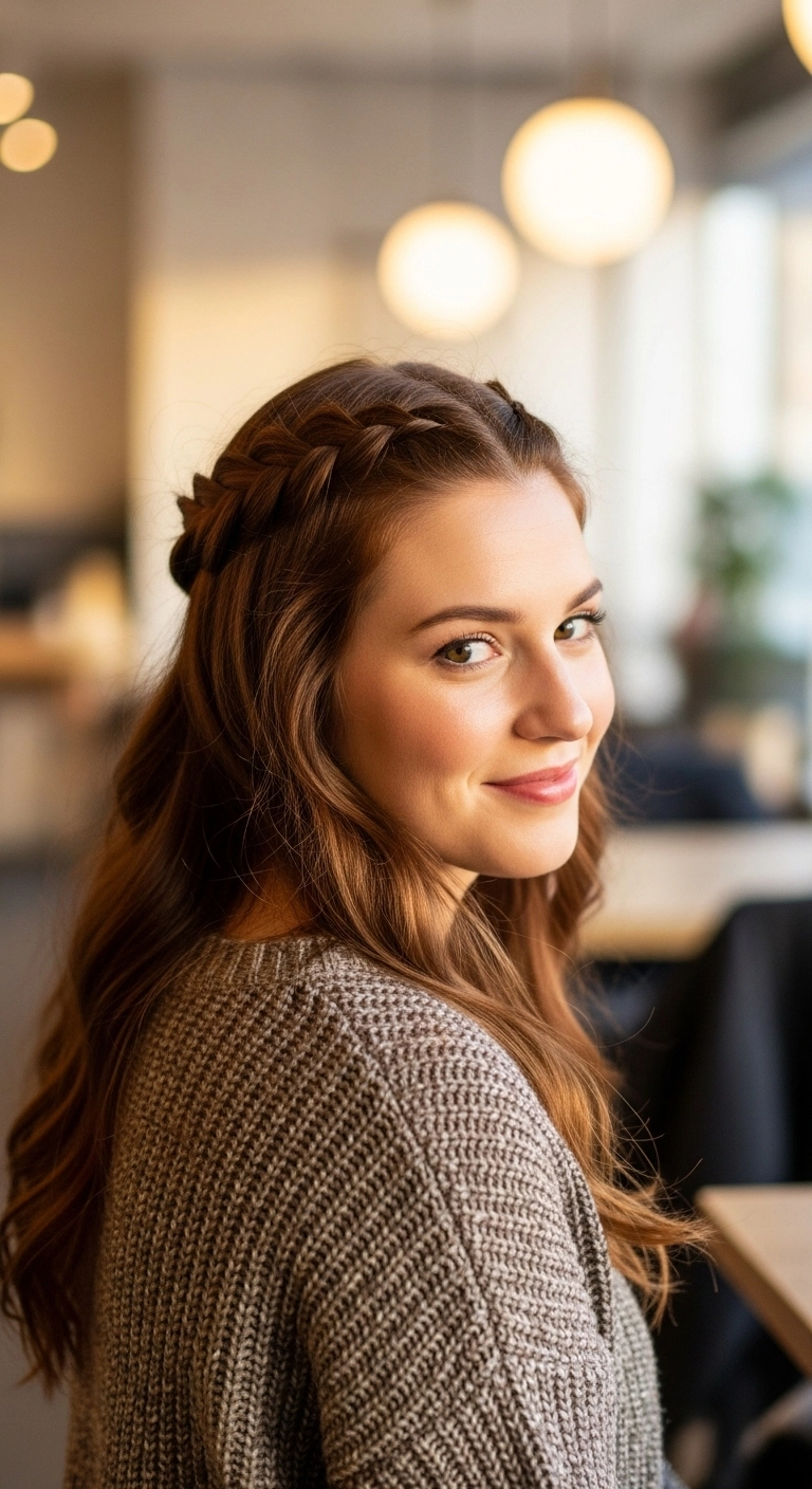 Half-Up Dutch Crown Braid with Soft Waves