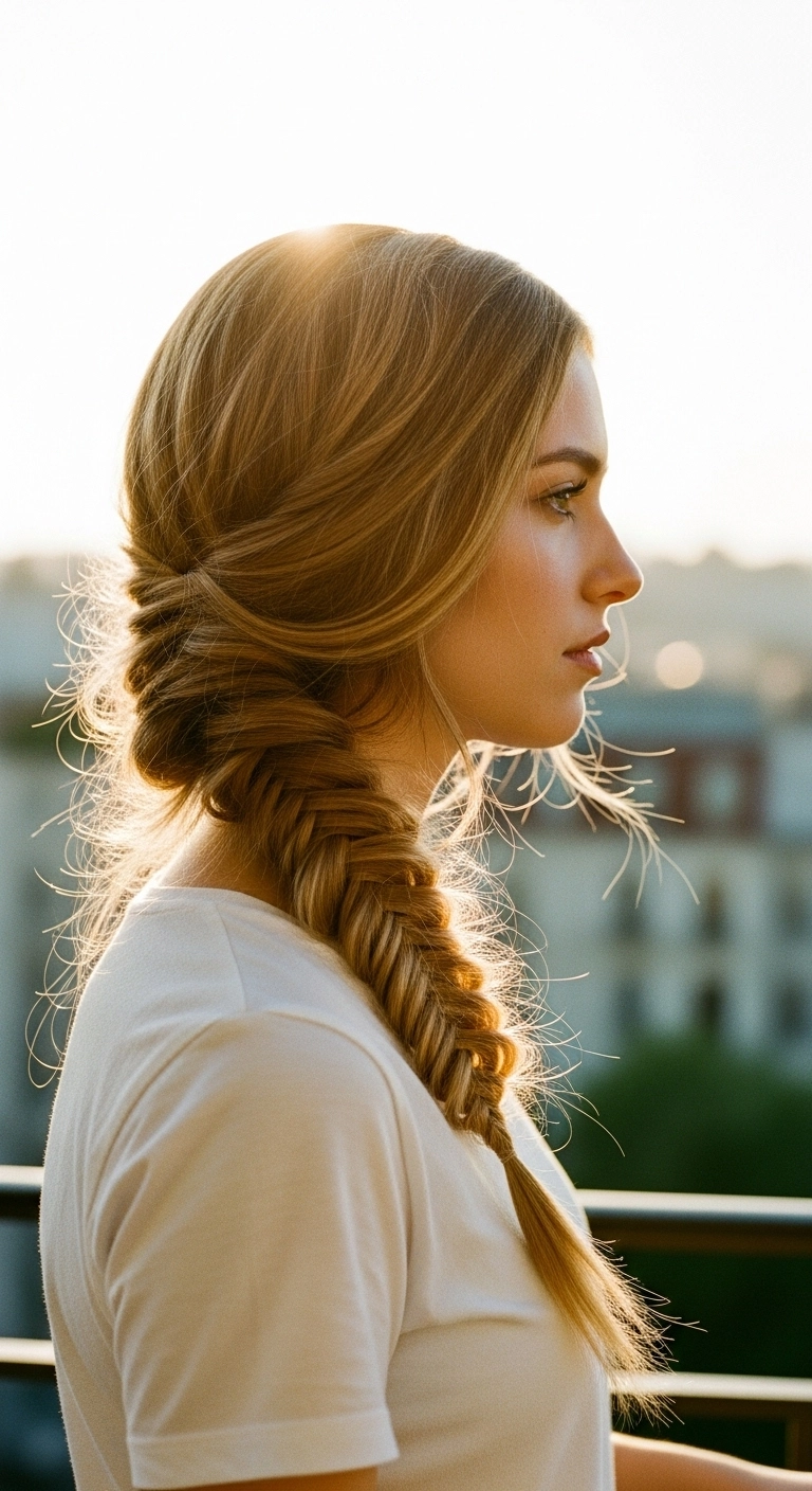 Sunlit Romantic Side Fishtail Braid with Soft Wispy Tendrils