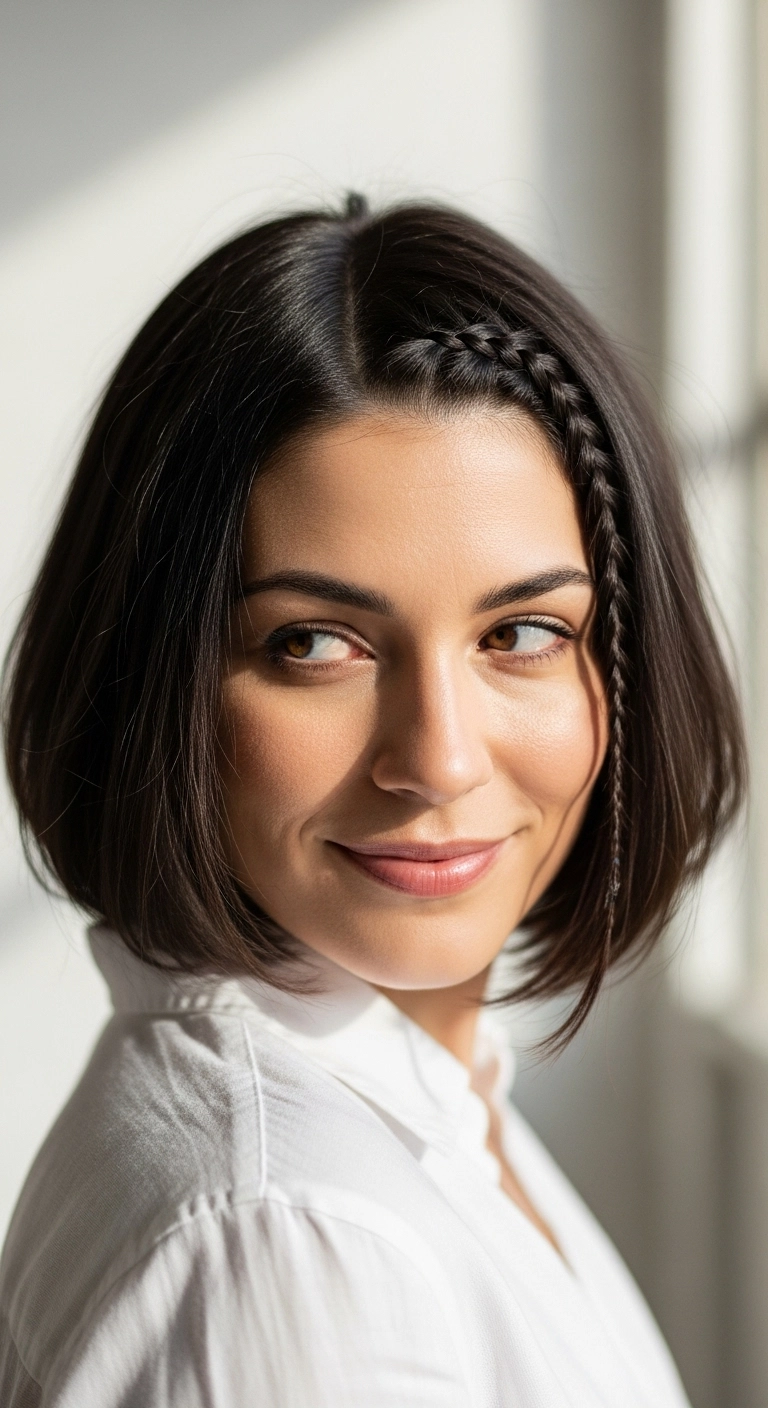 Classic Rounded Bob with Accent Micro Dutch Braid