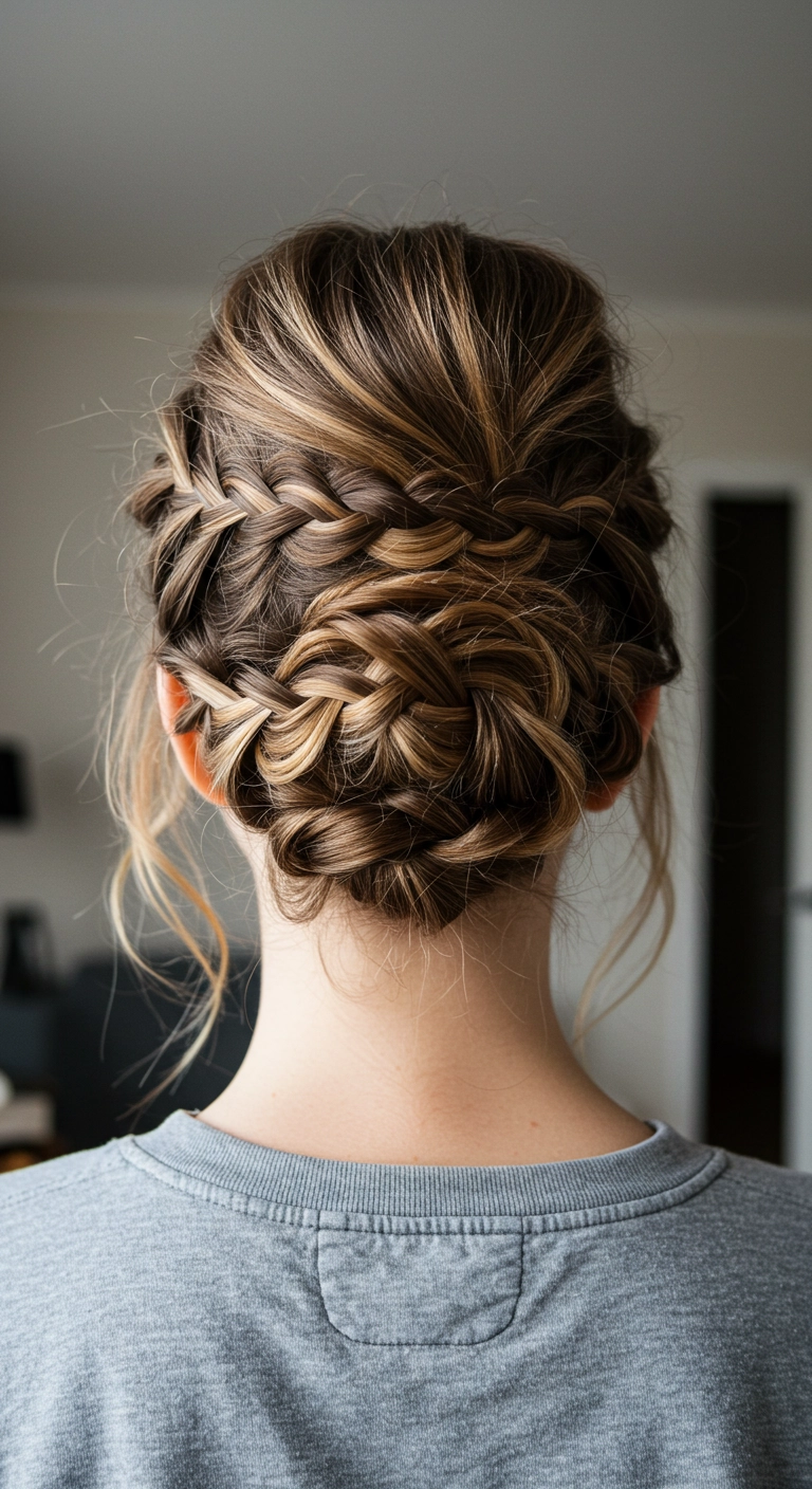 Romantic Braided Low Bun Updo with Golden Highlights
