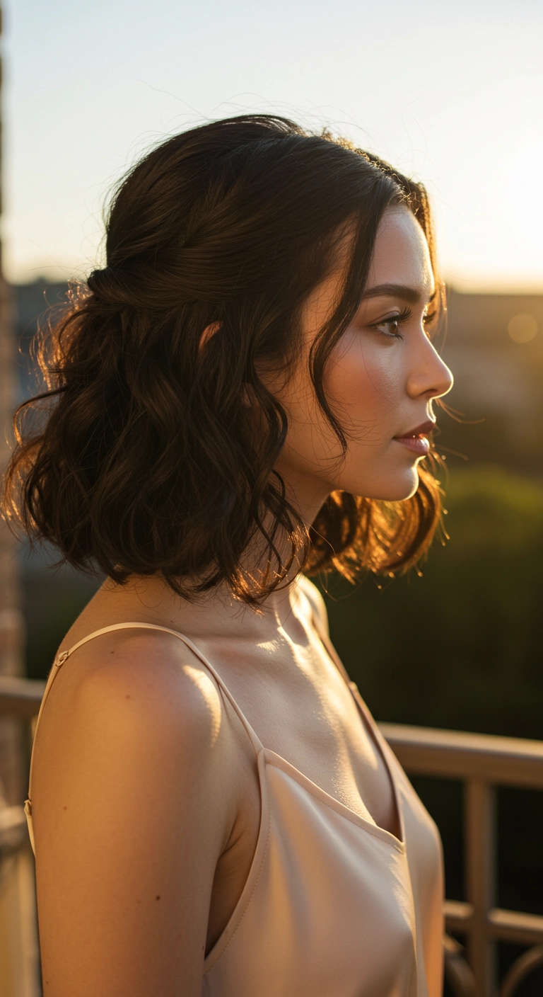 Romantic Half-Up Wavy Lob with Face-Framing Tendrils