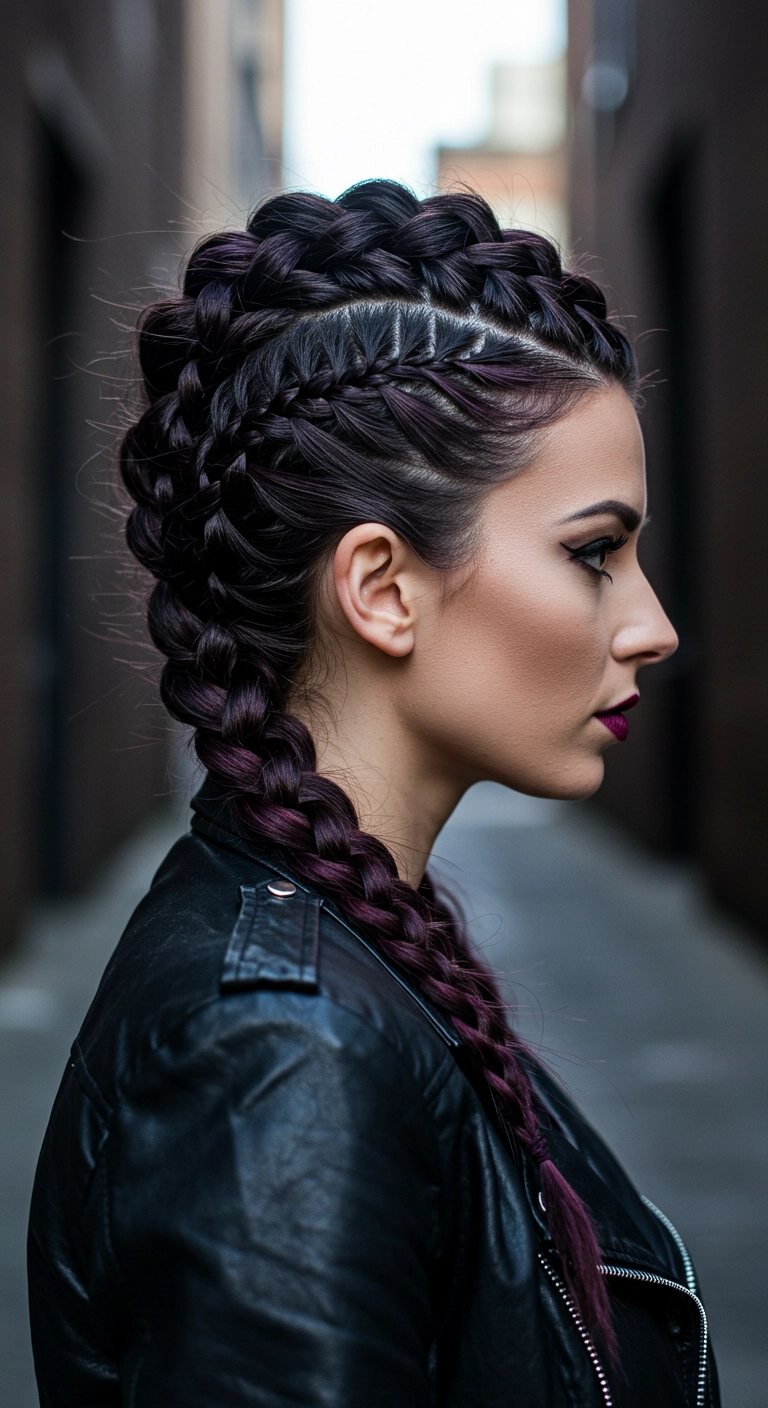 Edgy Multi-Dutch Braid Mohawk in Deep Blackberry Wine