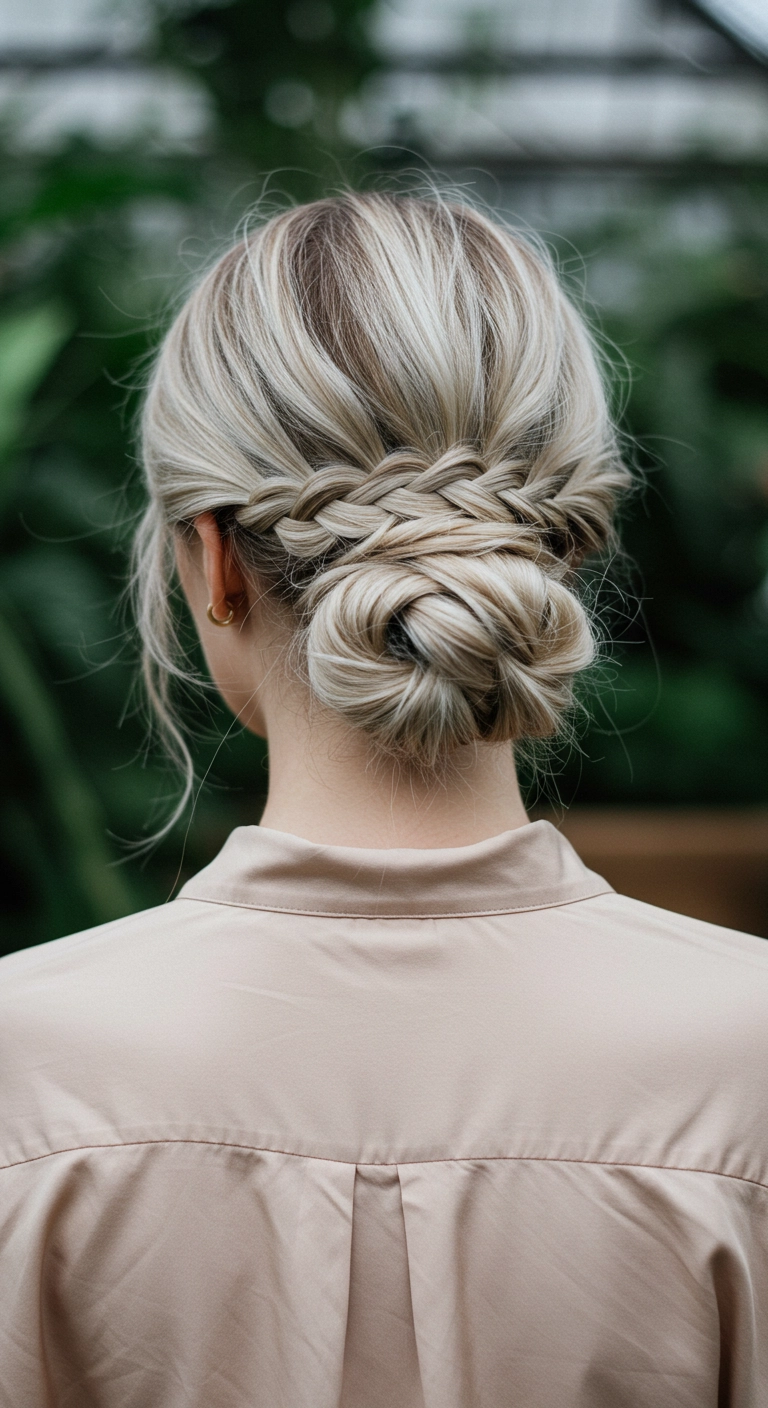 Braided Low Chignon Updo for Ash Blonde Highlights