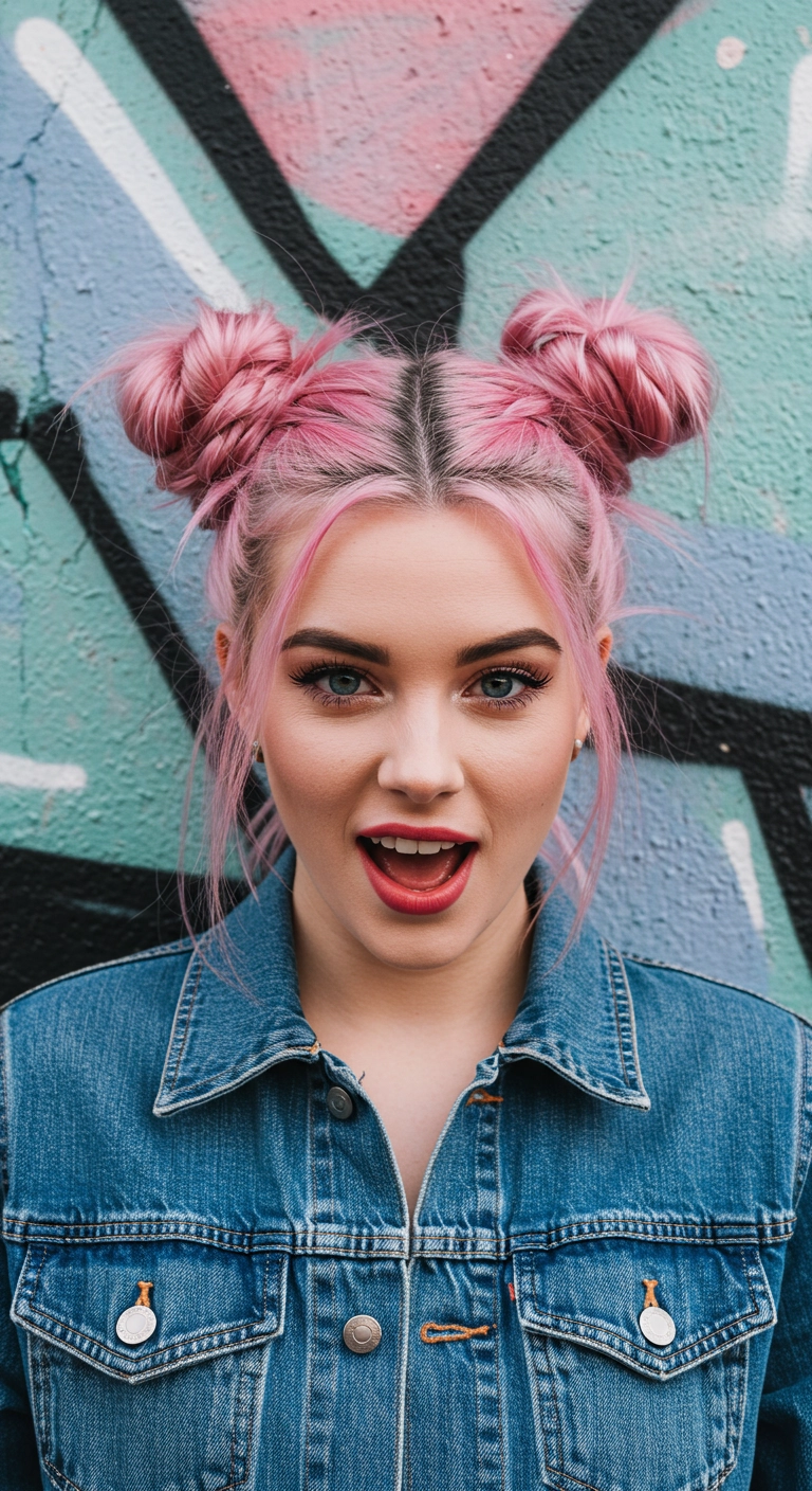 Pastel Pink Braided Space Buns with Shadow Root