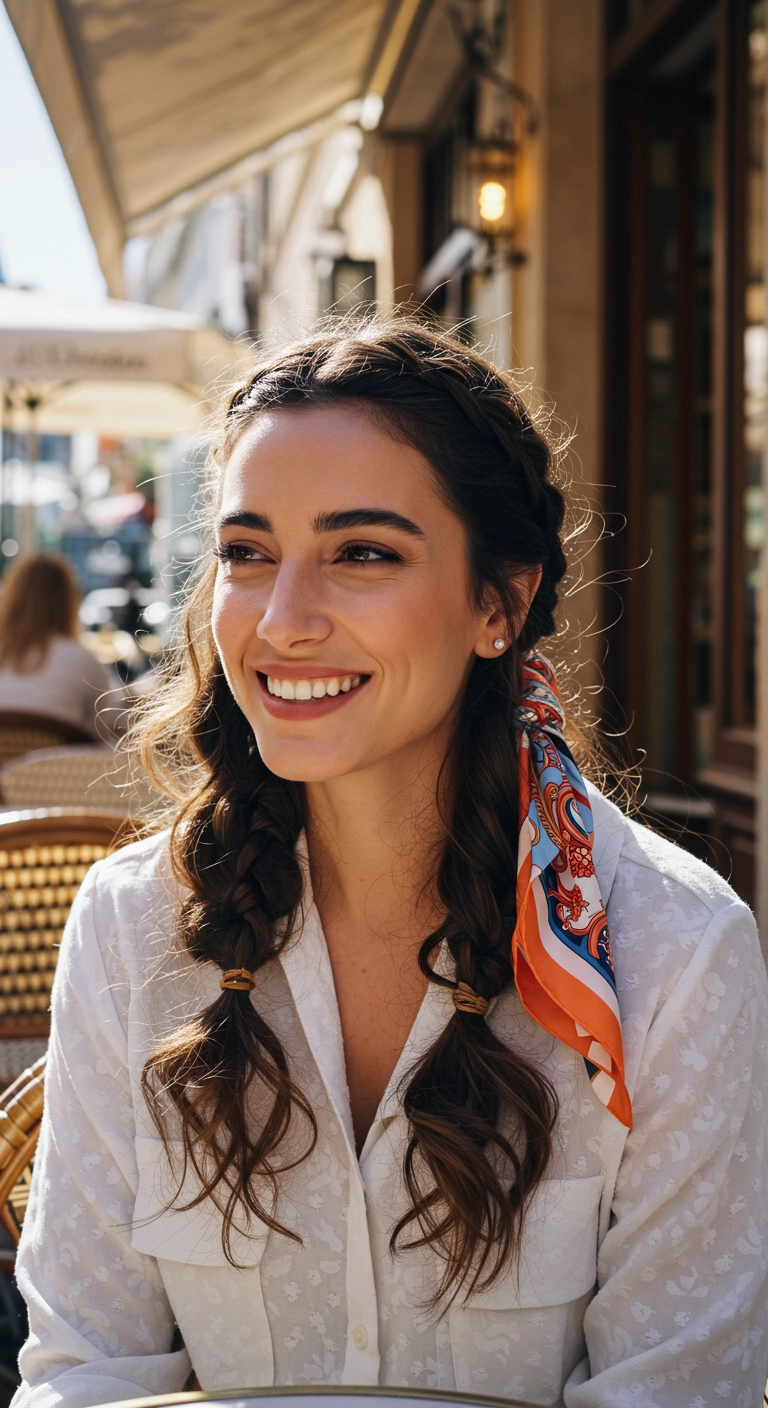 Romantic Double Dutch Braids with Colorful Silk Scarf Accent