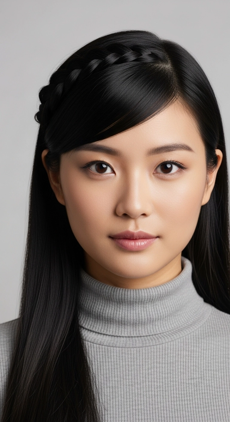 Sleek Straight Hair with Side-Swept Fringe and Braided Accent