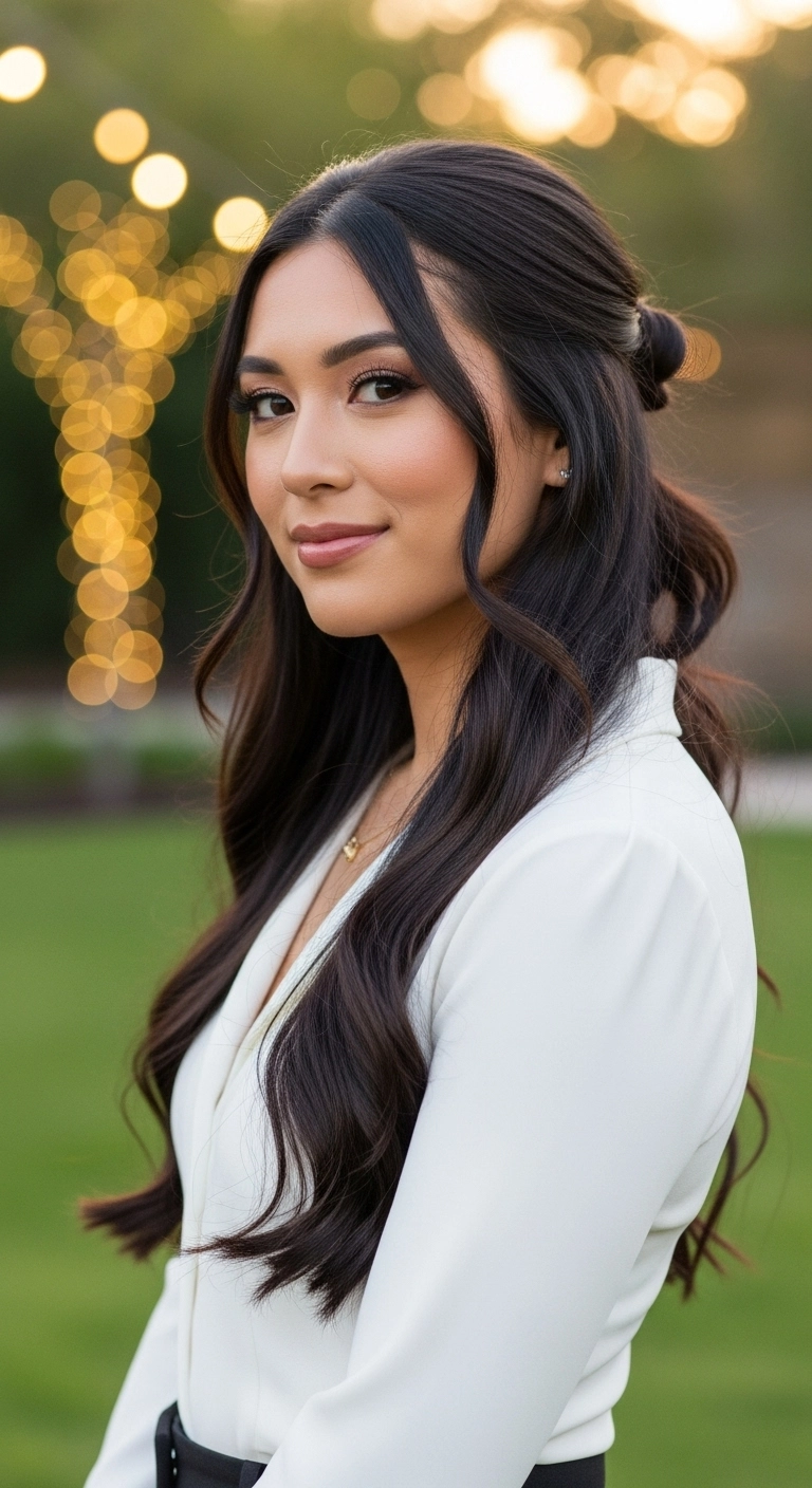 Romantic Half-Up Bun with Face-Framing Waves