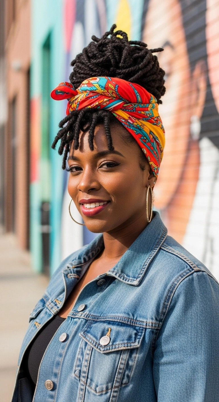 High Loc Bun with Colorful Headwrap and Loc Bangs