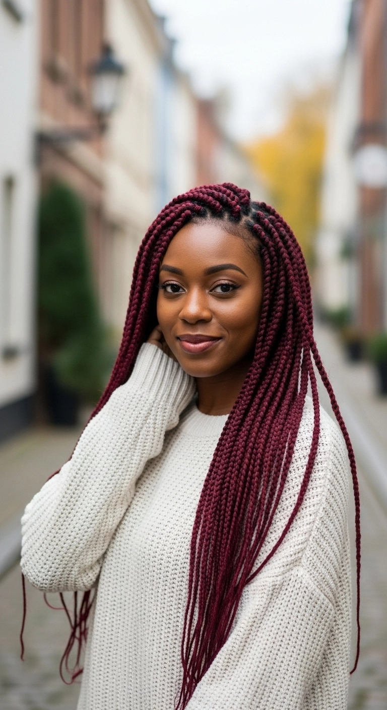 Long Burgundy Box Braids with Feathered Ends