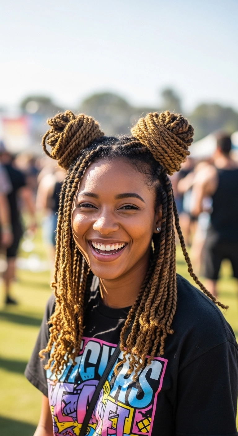 Honey Blonde Half-Up Braided Space Buns