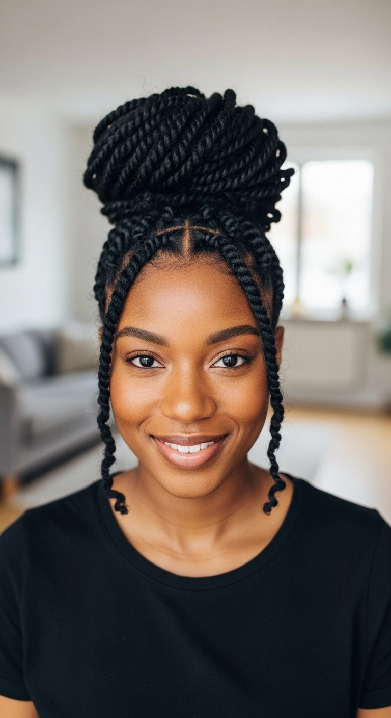 High Top Knot Twist Bun with Face-Framing Tendrils