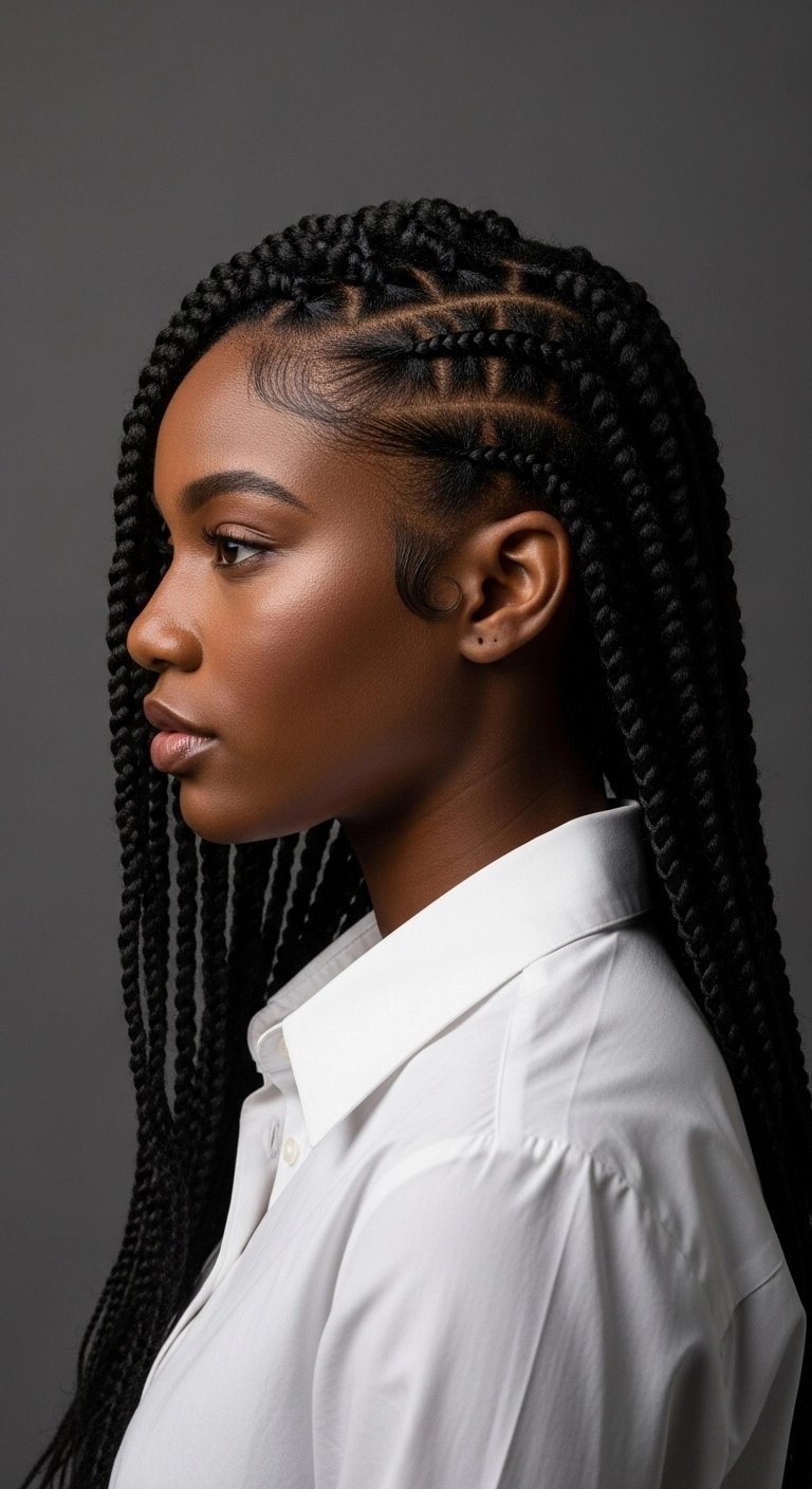 Sleek Long Black Knotless Box Braids with Laid Edges
