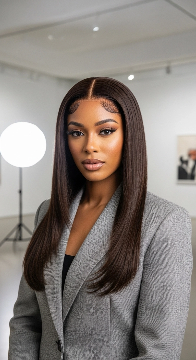 Ultra-Sleek Center-Part Silk Press with Sculpted Edges