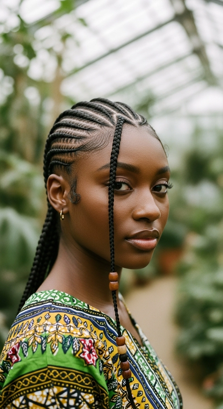 Fulani-Inspired Cornrows with Center Accent Braid and Beads