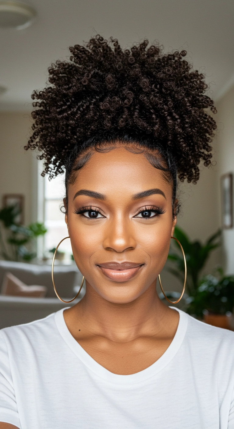 Sleek Curly High Puff with Sculpted Edges