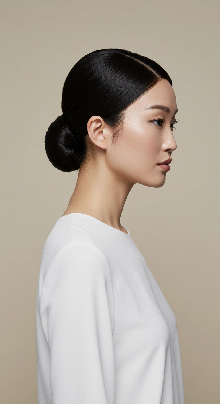 Ultra-Sleek Center-Part Low Chignon Bun