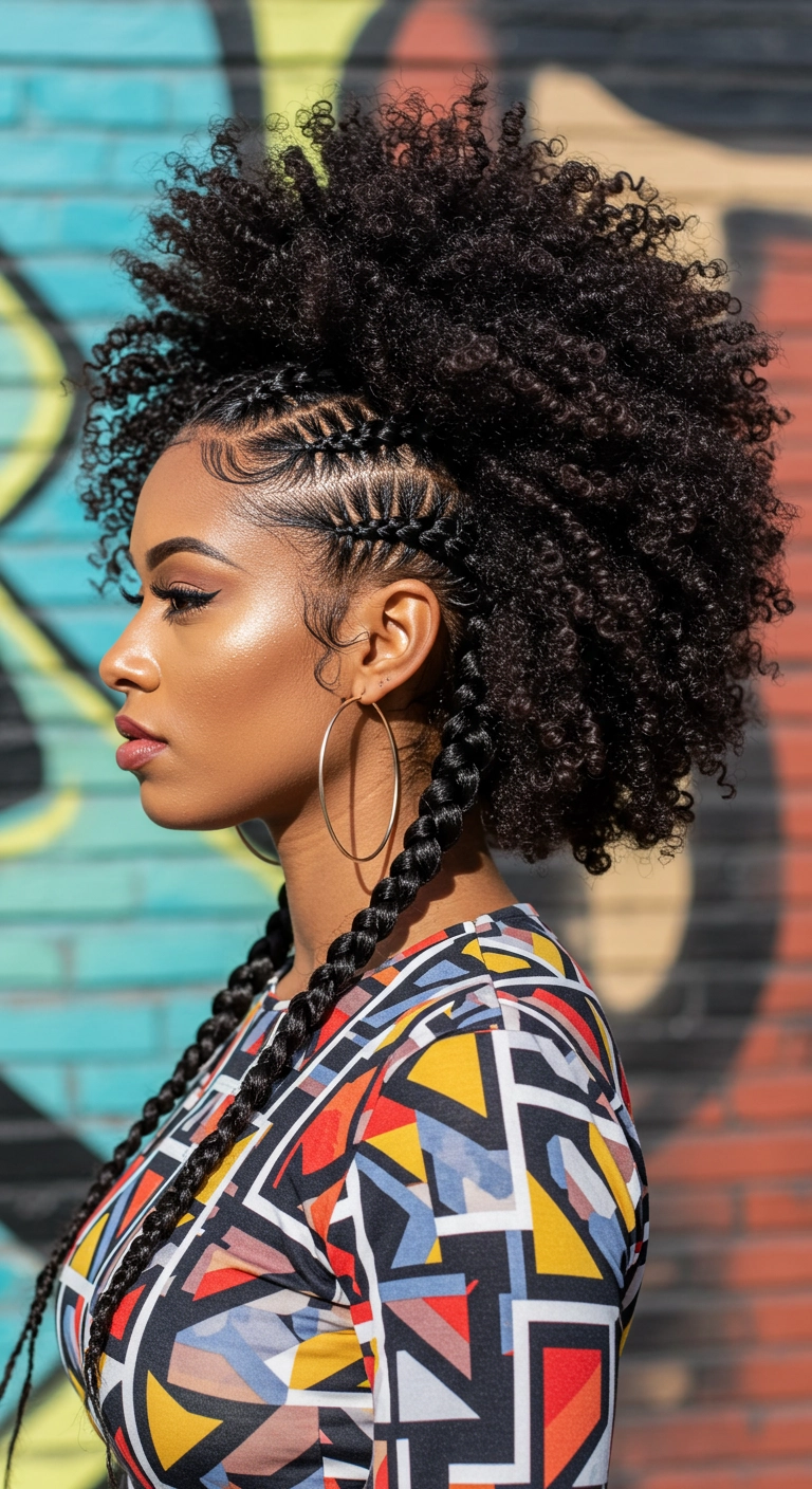 Sculpted Cornrow Side Braids with Coily Frohawk