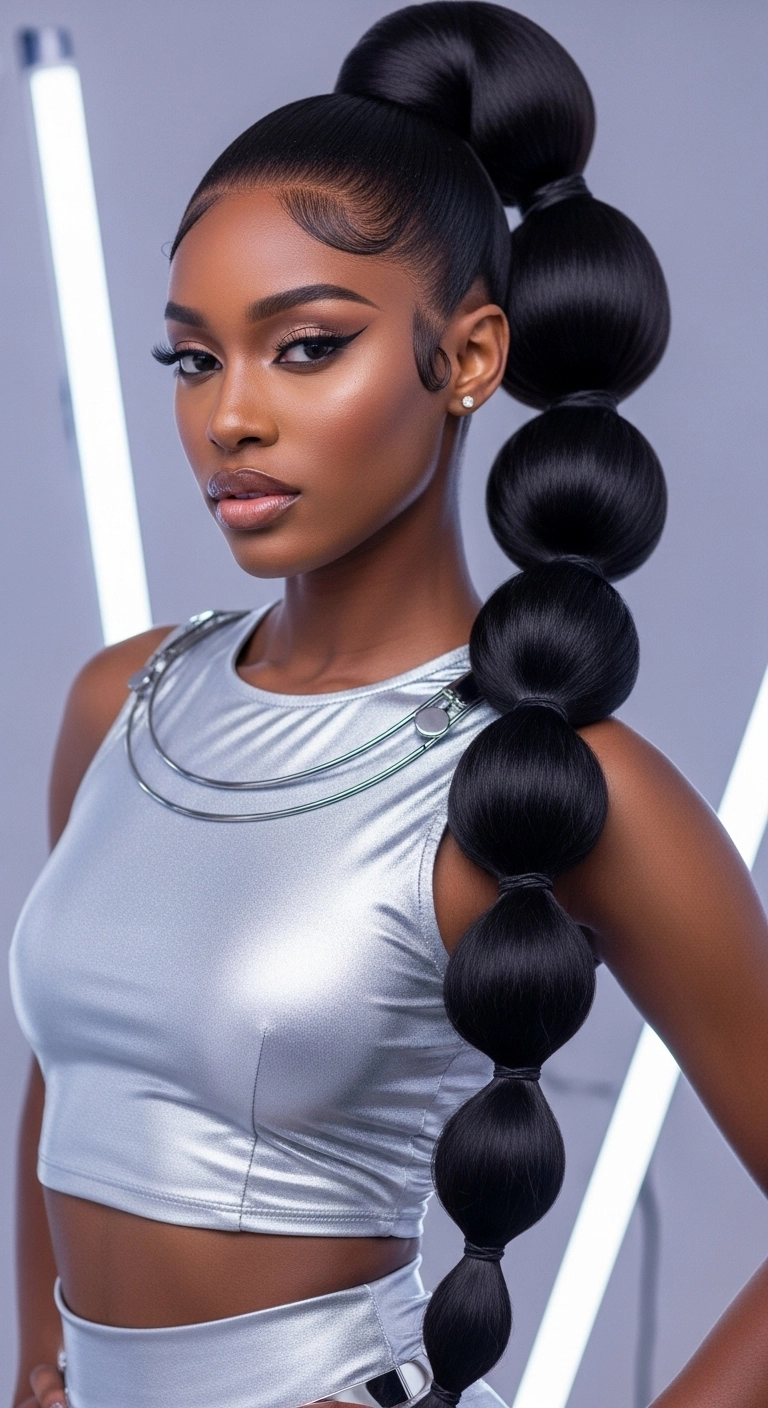 Futuristic Ultra-Long Bubble Ponytail with Laid Edges