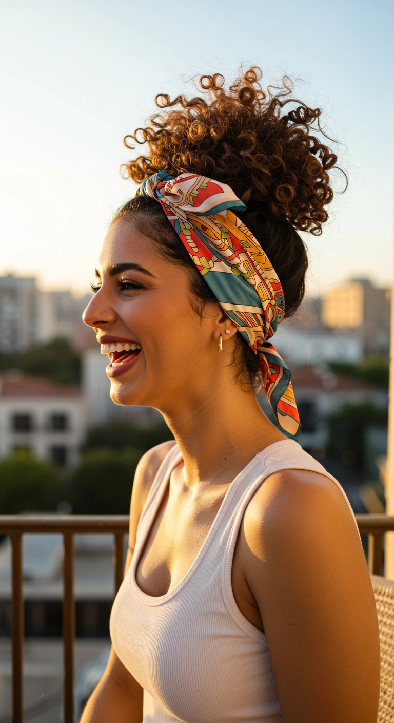 High Pineapple Curly Updo with Silk Headscarf