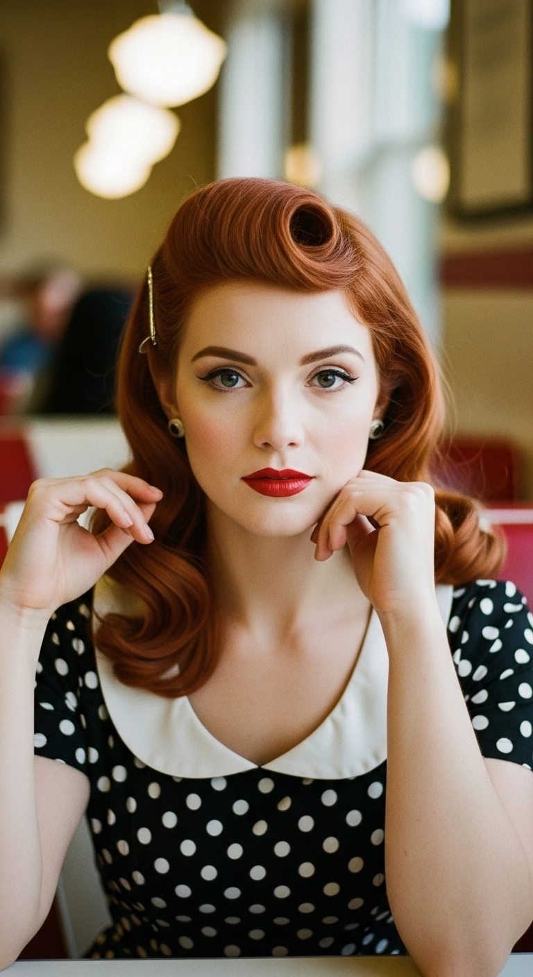 Classic 1950s Pin-Up Victory Roll with Copper Retro Waves