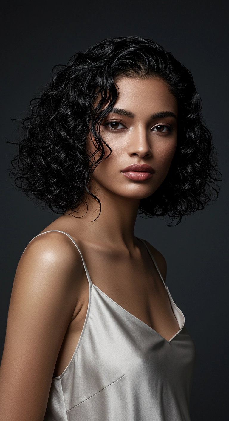 Glossy Jet Black Curly Bob with Face-Framing Tendrils