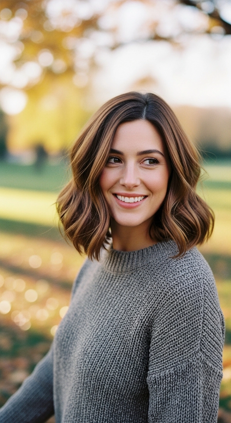 Warm Caramel Balayage Wavy Lob