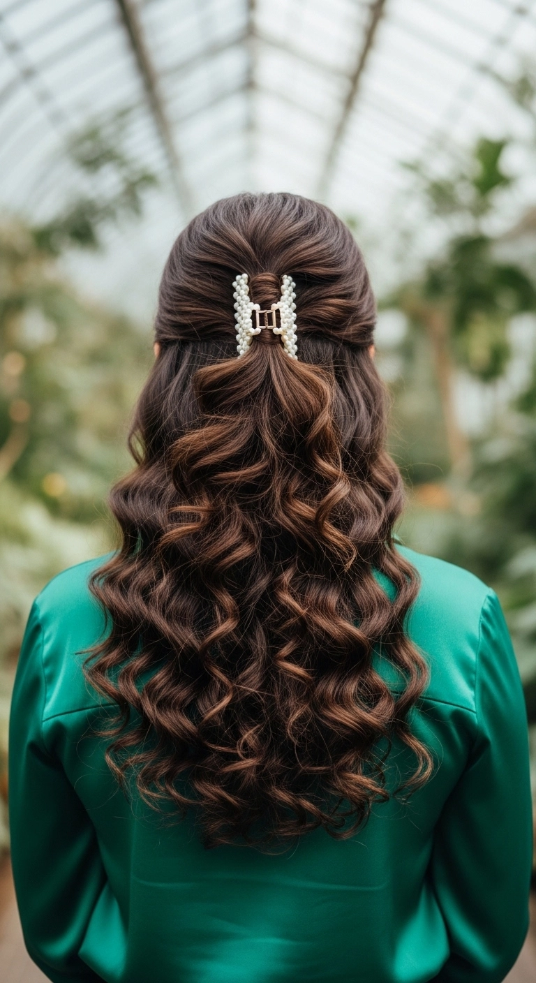 Romantic Half-Up Pearl Clip Style with Bouncy Waves