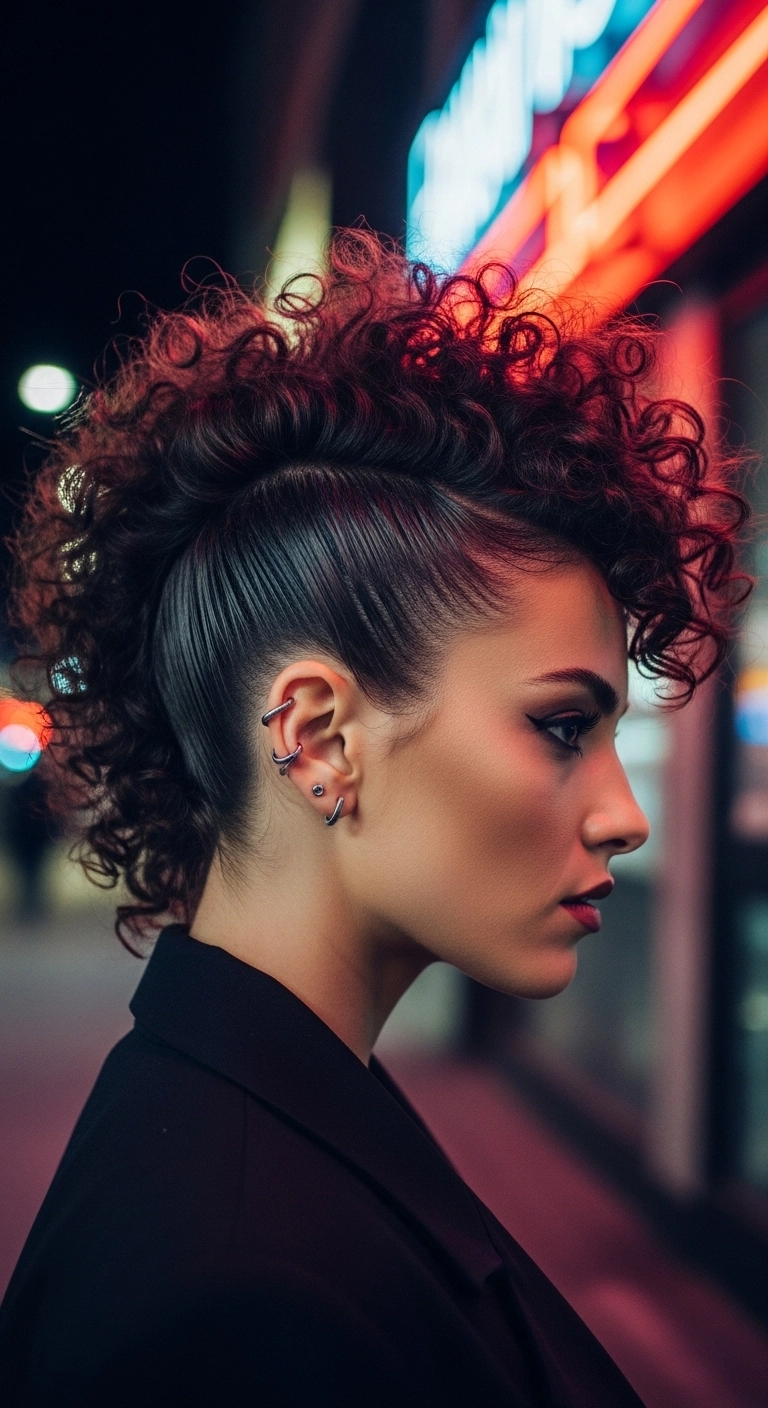 Edgy Slicked-Back Curly Faux Hawk Updo