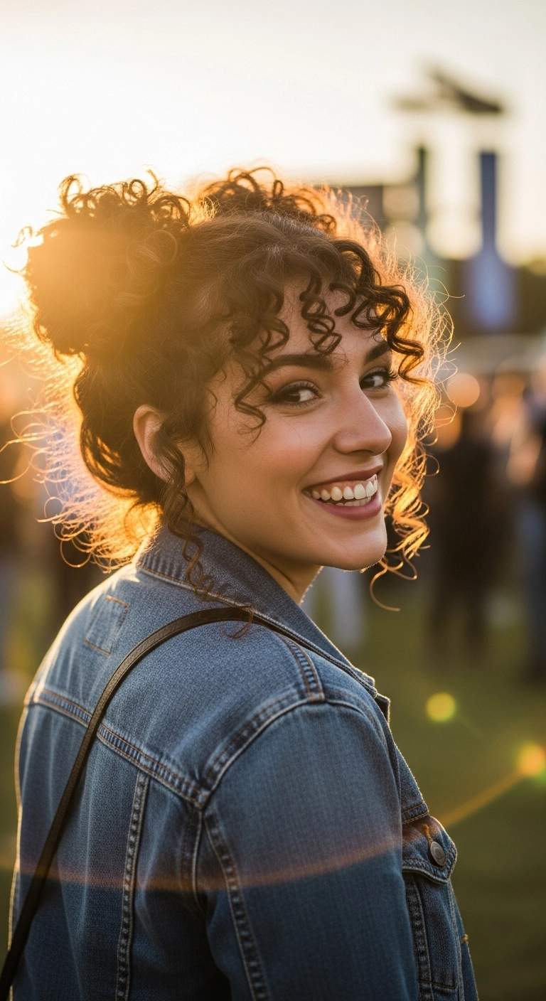 Curly Double Space Buns with Wispy Fringe