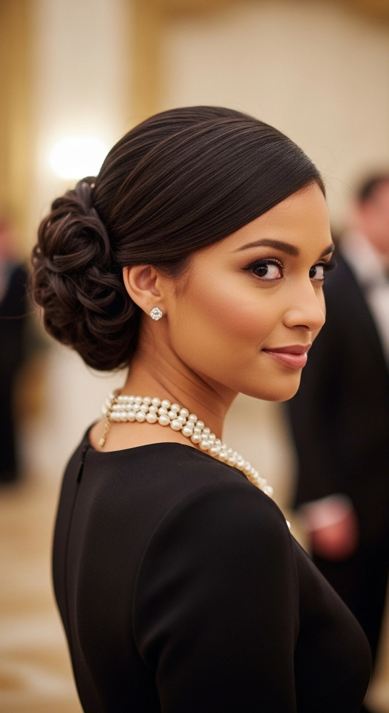 Sculpted Low Chignon with Sleek Side Sweep