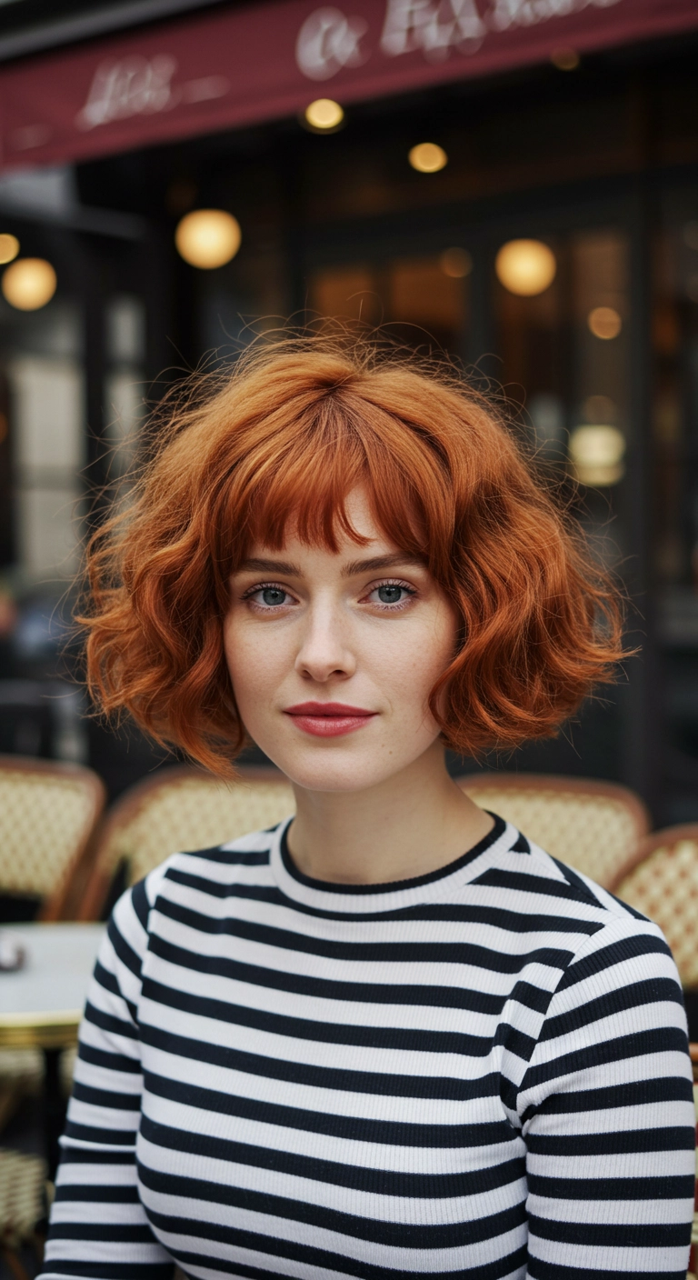 Chic Wavy Copper French Bob with Wispy Bangs