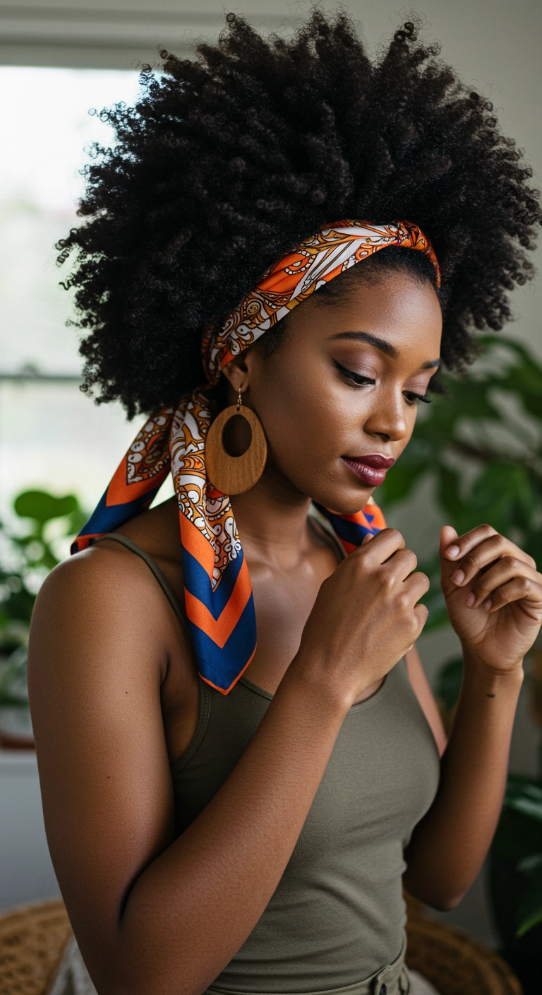 Voluminous Coily Afro with Printed Silk Scarf Wrap