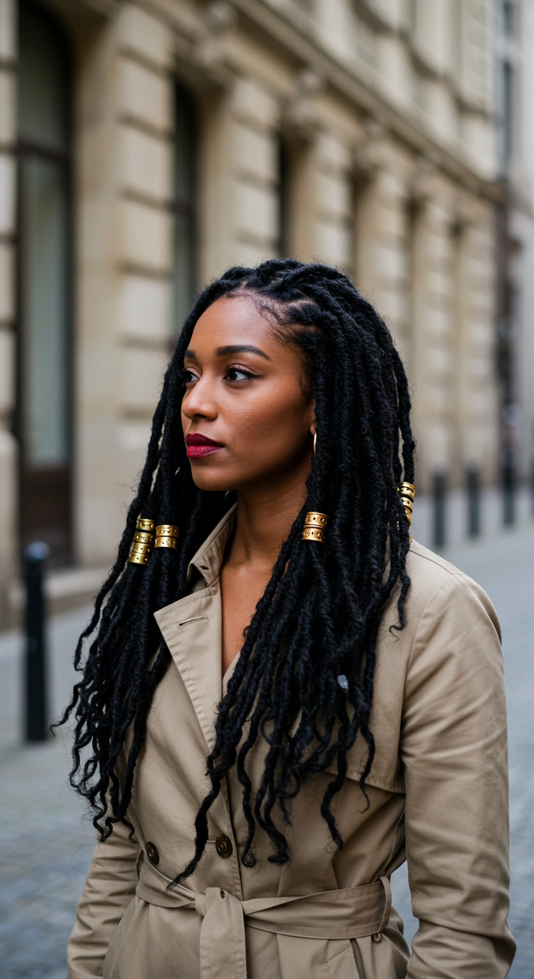 Long Textured Faux Locs with Gold Cuff Accents
