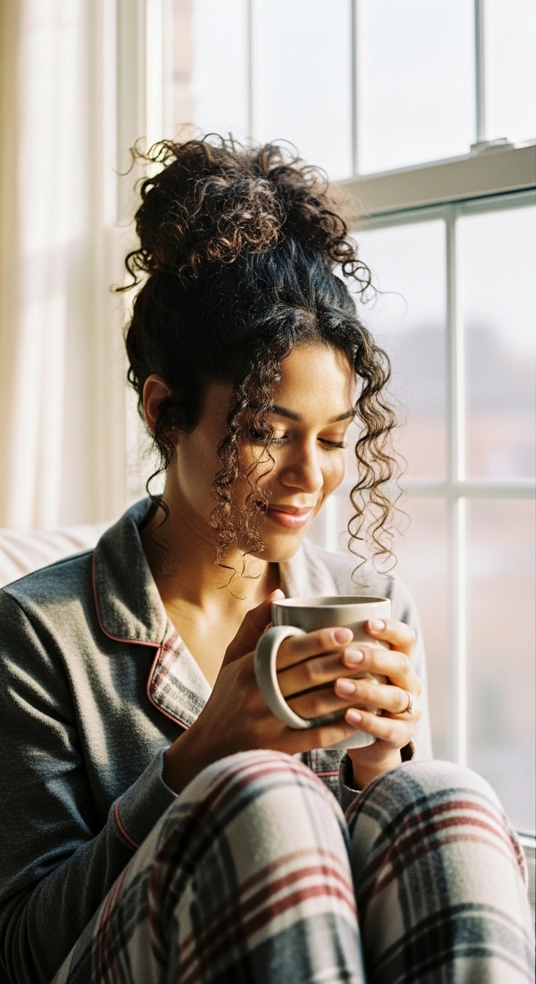 Cozy Messy Curly Top Knot with Face-Framing Ringlets