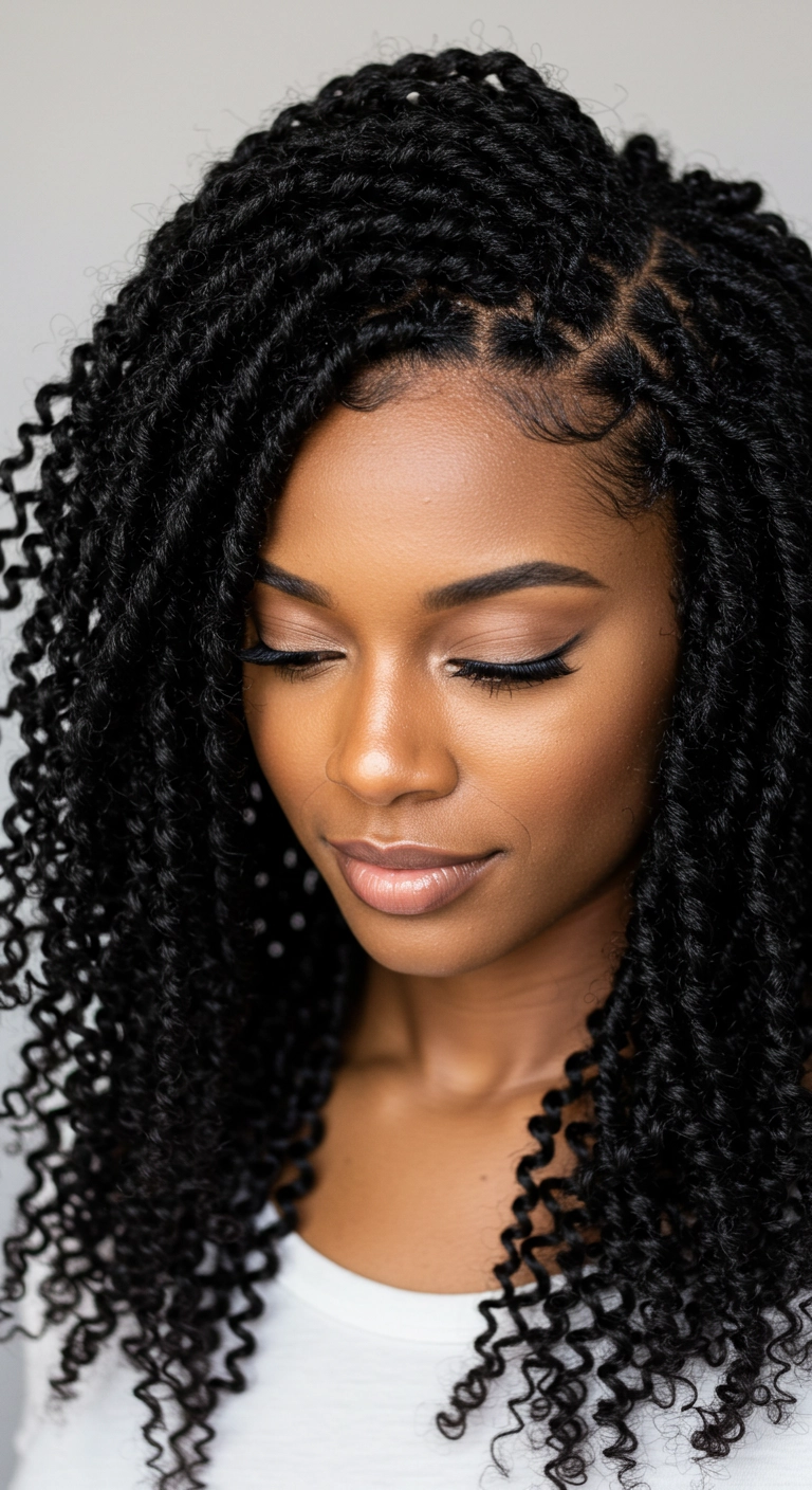 Long Jet-Black Bohemian Passion Twists with Swooped Edges