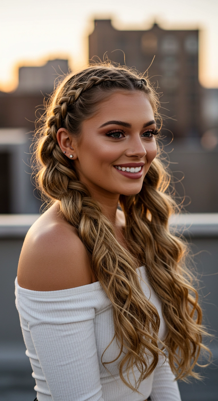 Sun-Kissed Dutch Crown Braid with Cascading Beach Waves