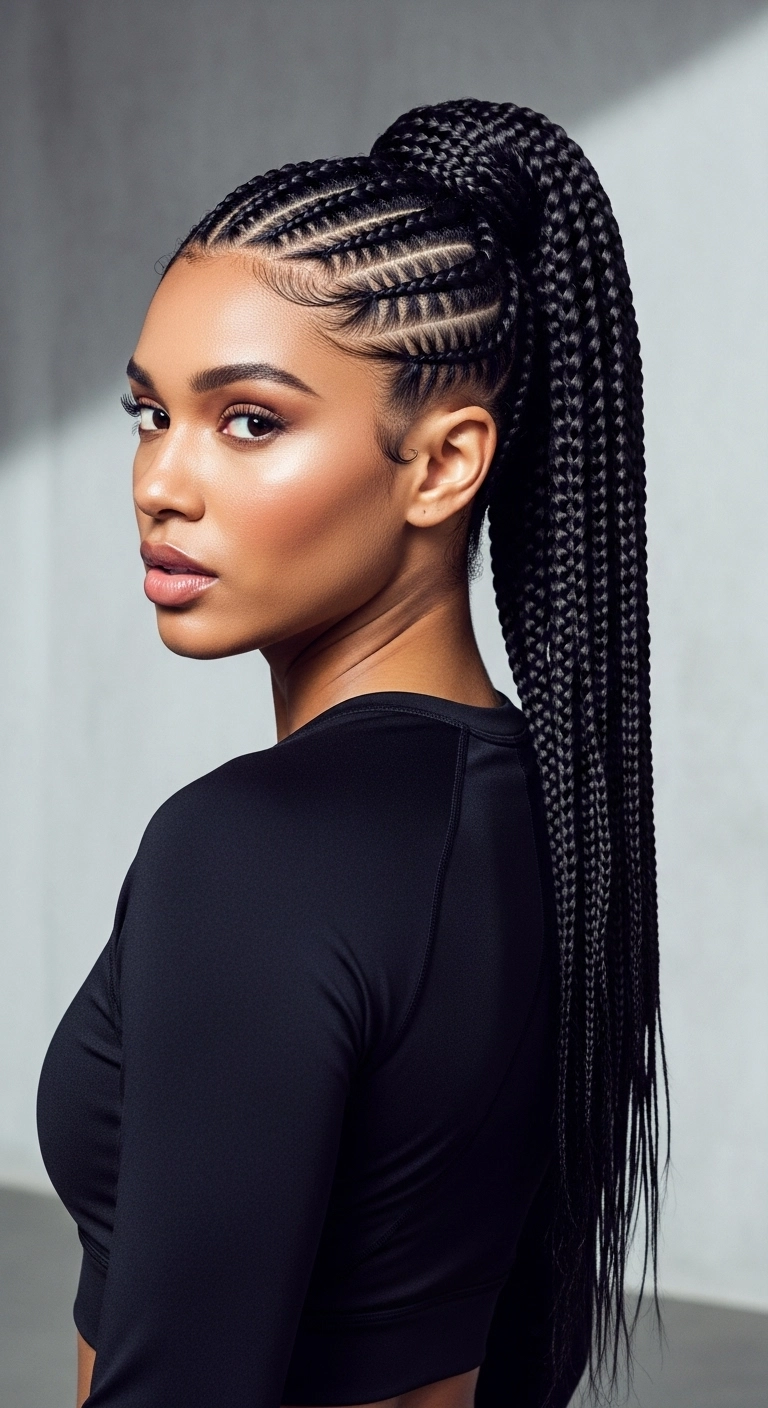 Sleek Cornrow High Ponytail with Long Braids
