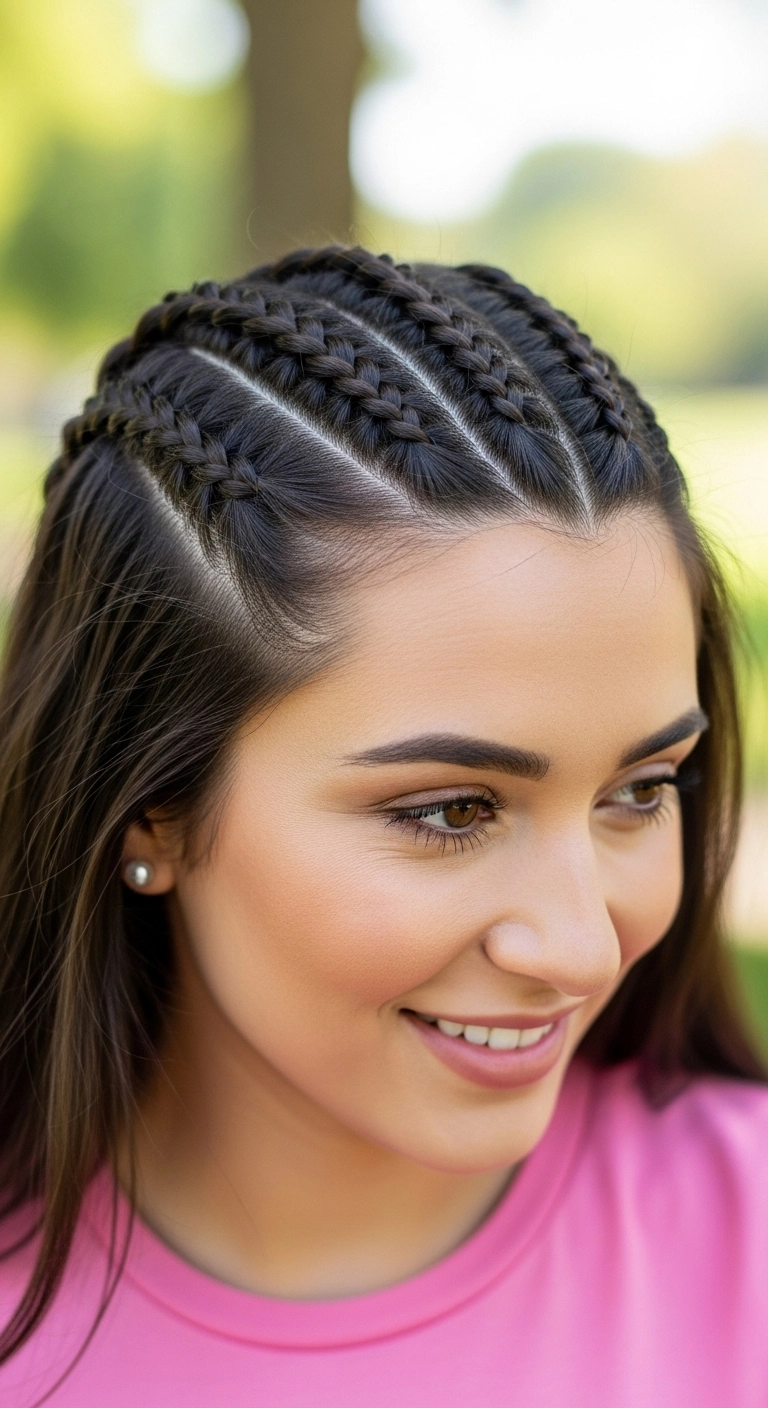 Sleek Multi-Row Dutch Braided Half-Up Style