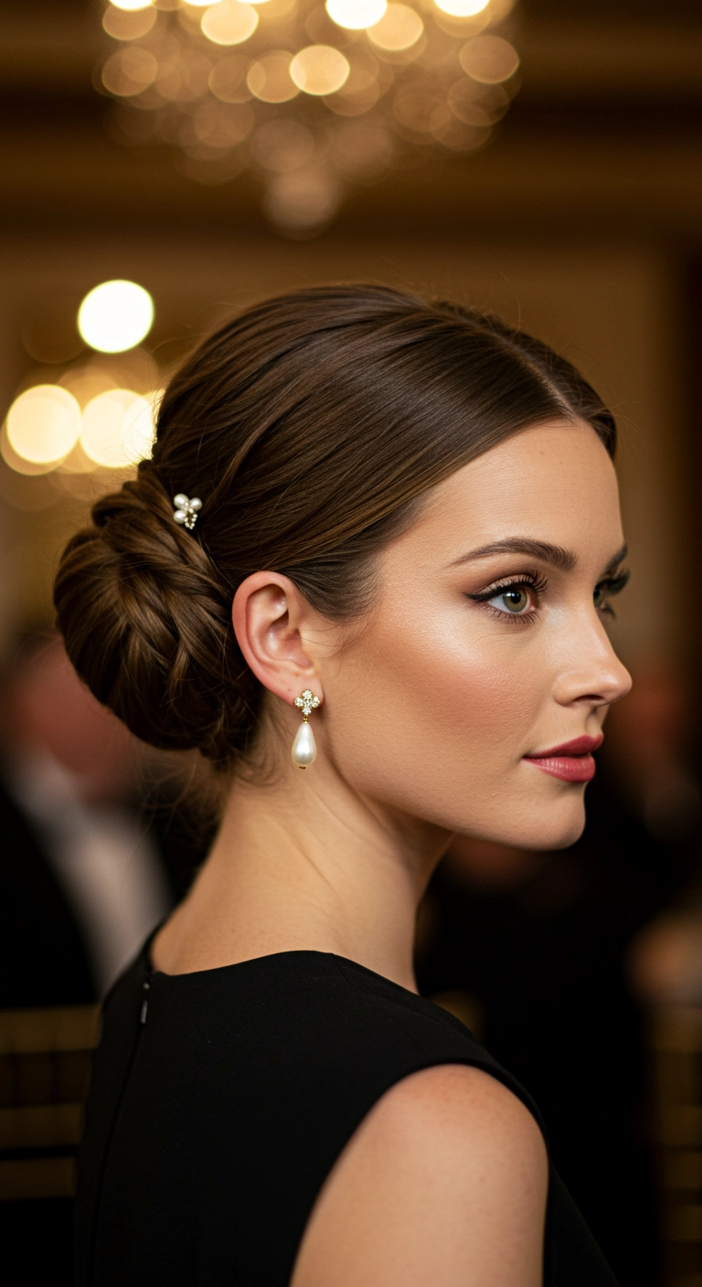 Sleek Low Chignon Updo with Pearl Hairpin
