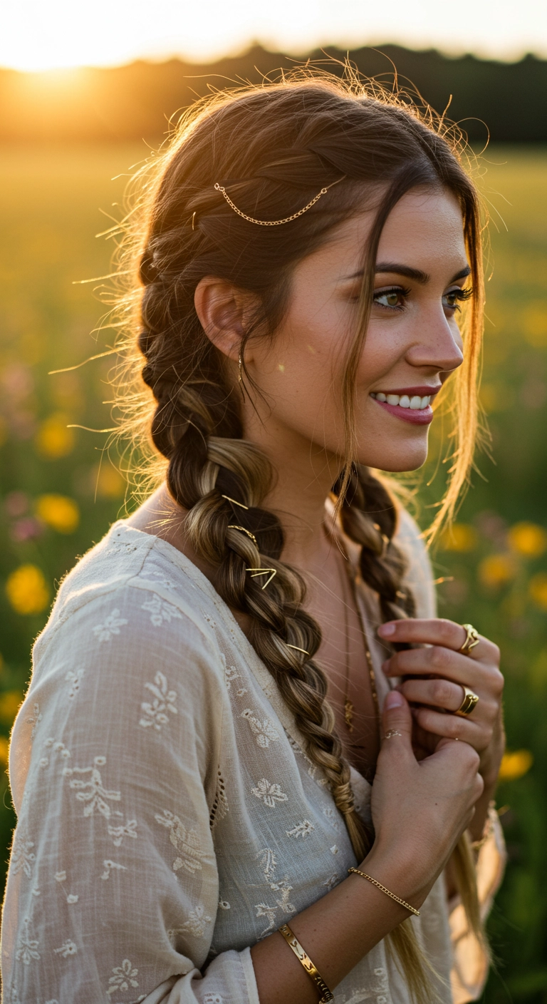 Boho Dutch Braided Pigtails with Golden Hair Jewelry
