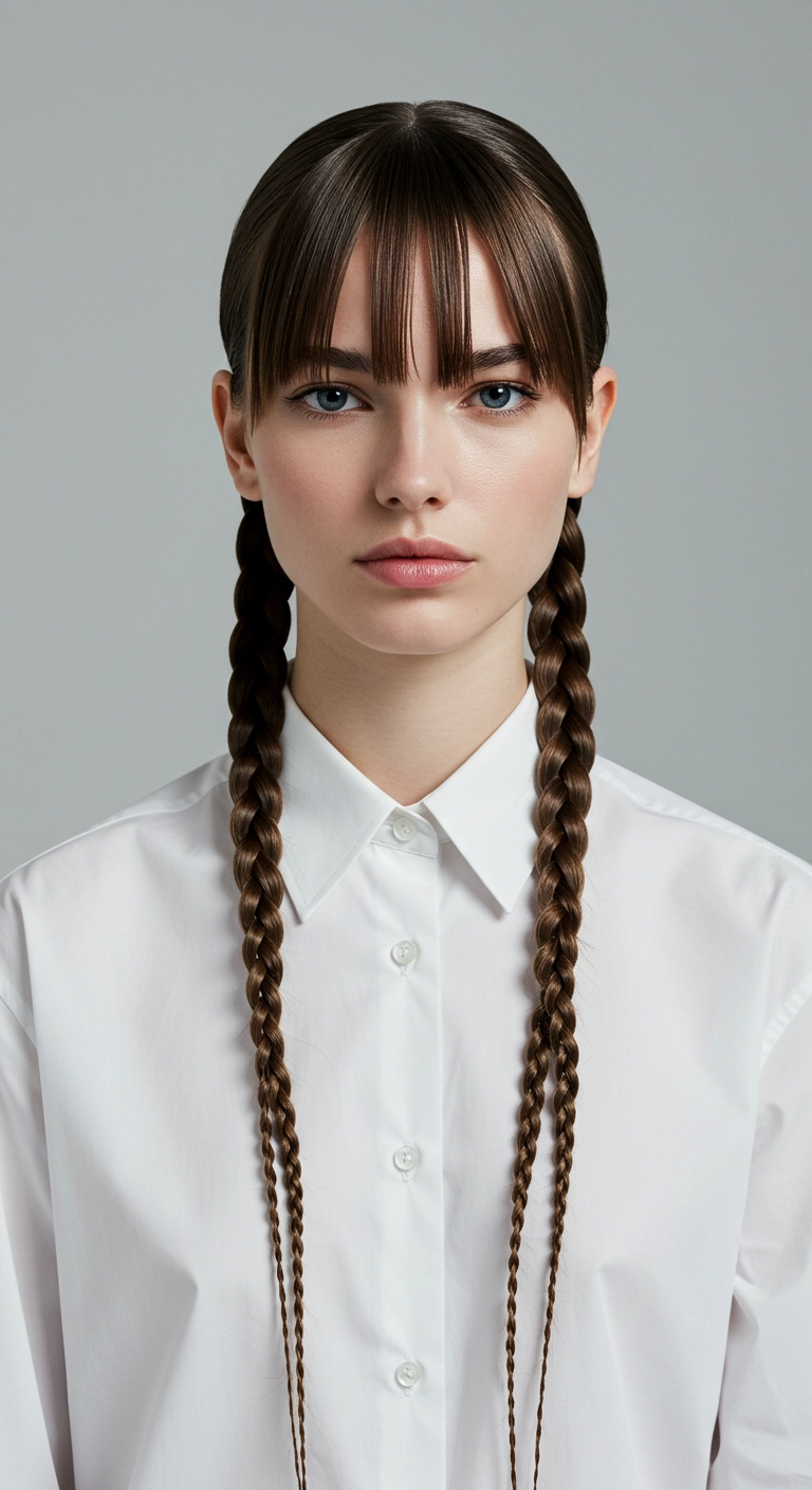 Sleek Twin Pigtail Braids with Piecey Fringe