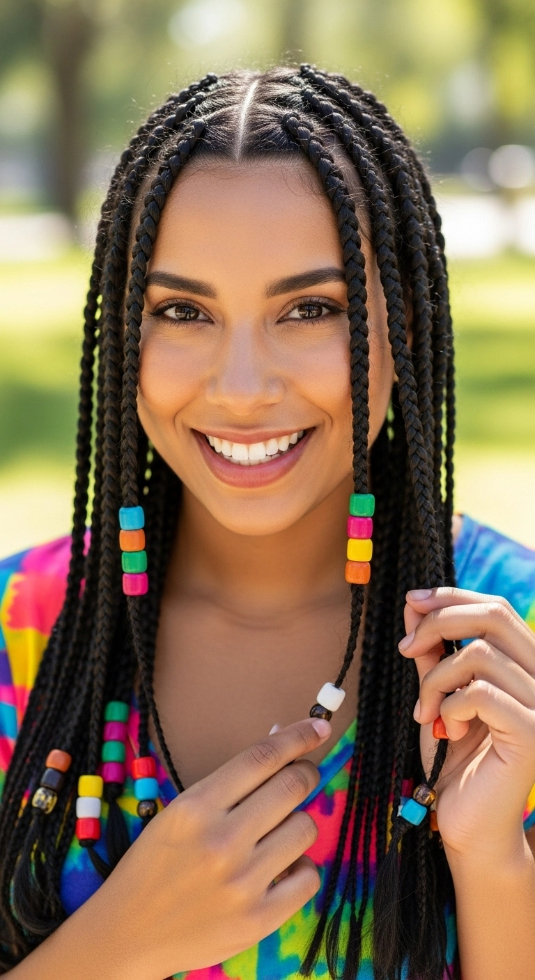 Classic Beaded Box Braids with Colorful Accents
