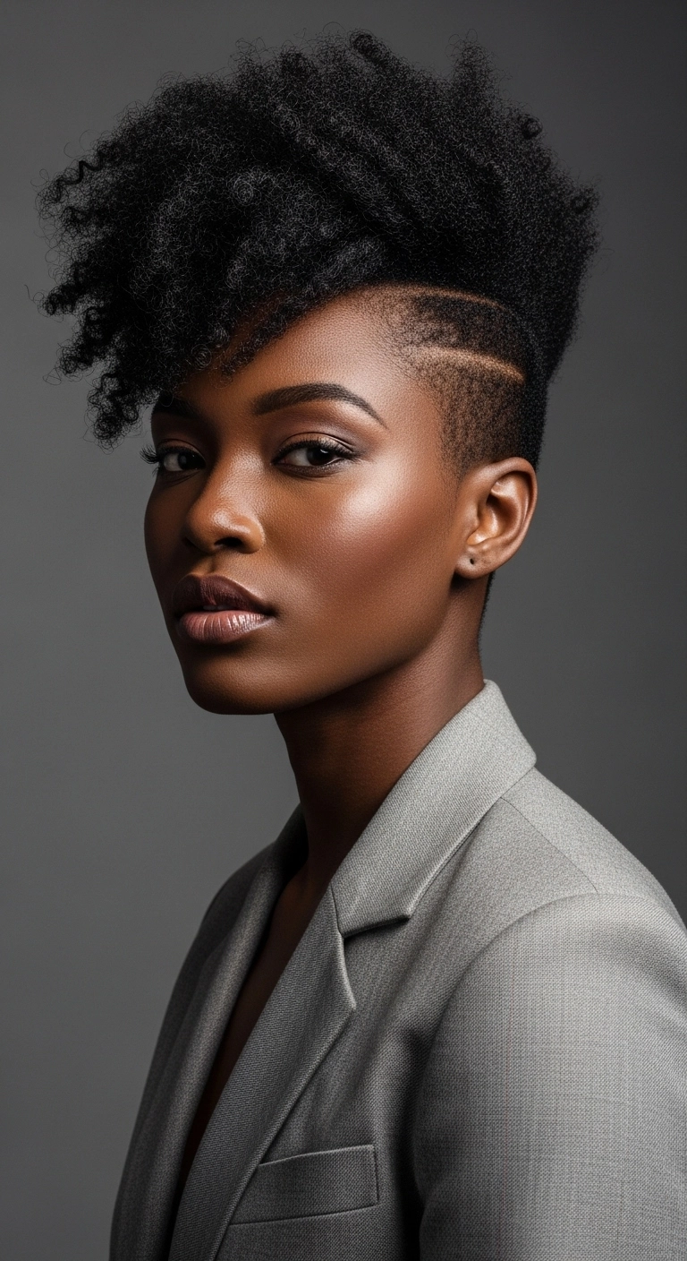 Edgy Coily Faux Hawk with Shaved Line Detail