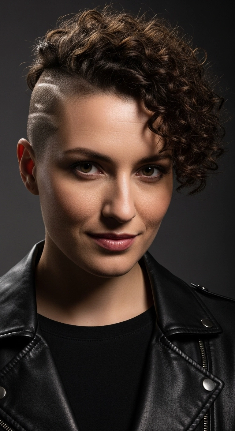 Edgy Curly Undercut Pixie with Shaved Razor Lines