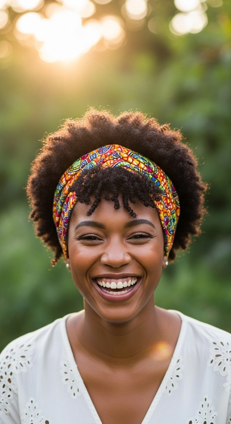 Defined Coily Afro with Ankara Headband and Fringe