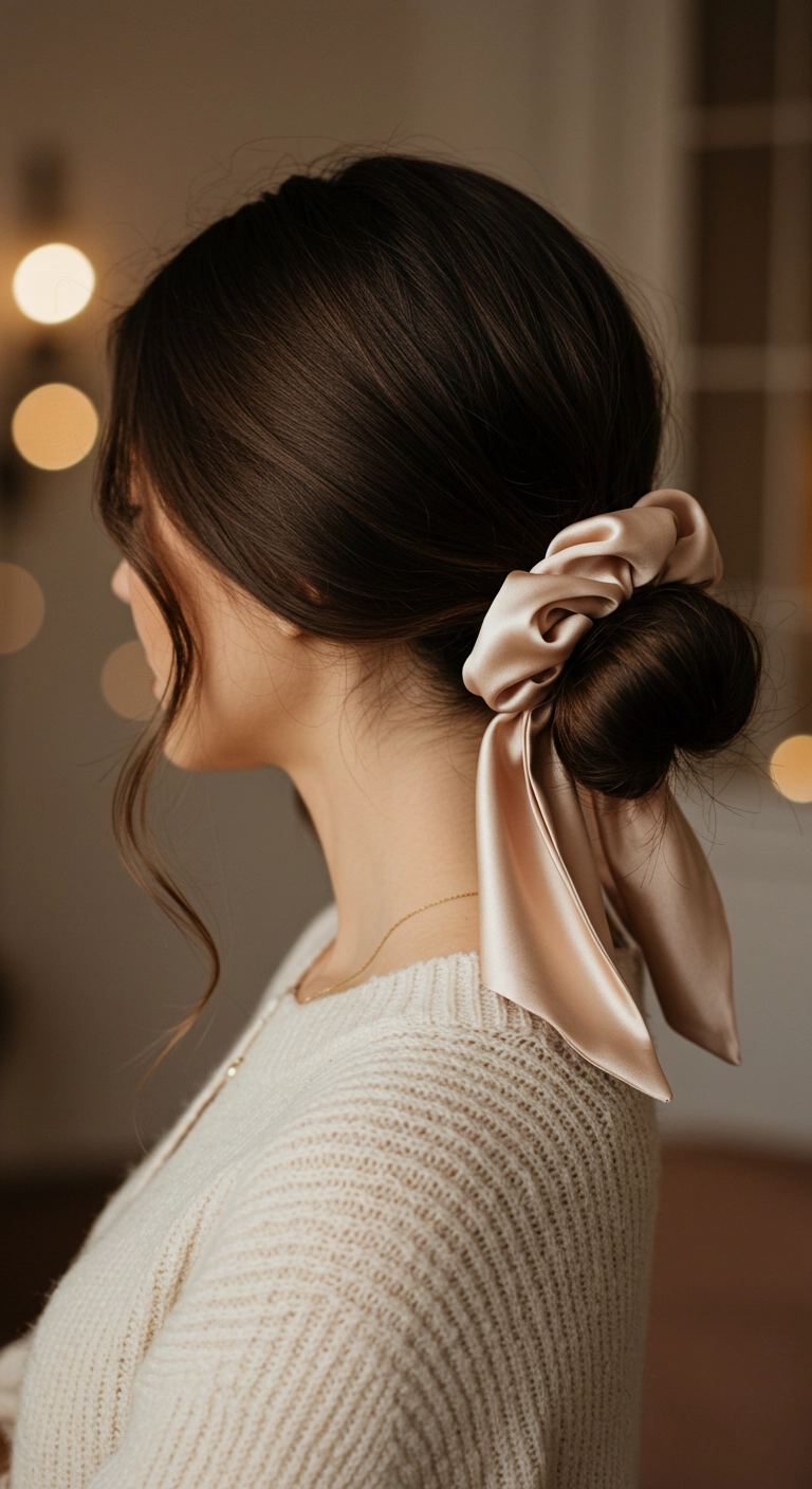 Chic Low Bun with Silk Scarf Scrunchie and Tendrils