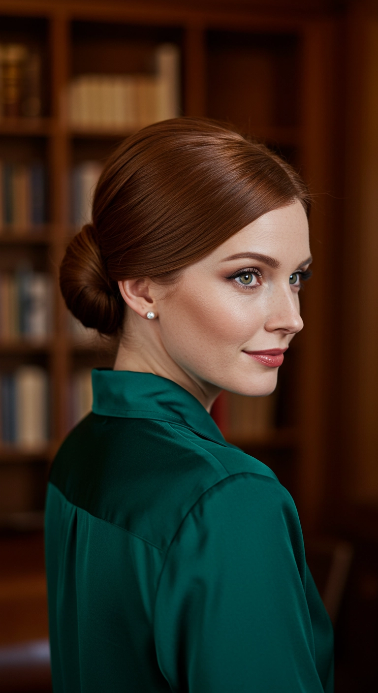 Polished Auburn Low Chignon with Deep Side Part