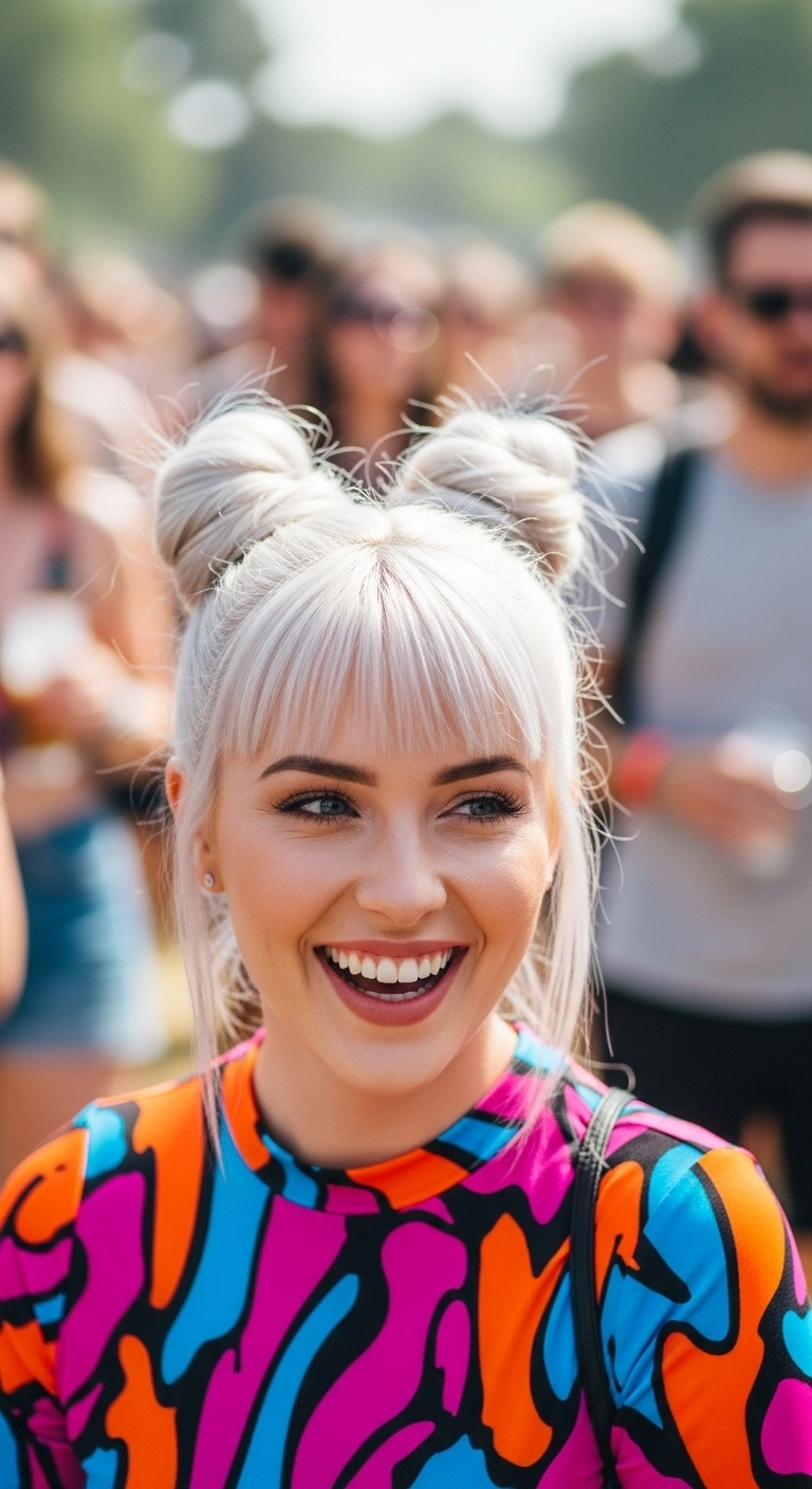 Platinum Blonde Double Space Buns with Wispy Bangs
