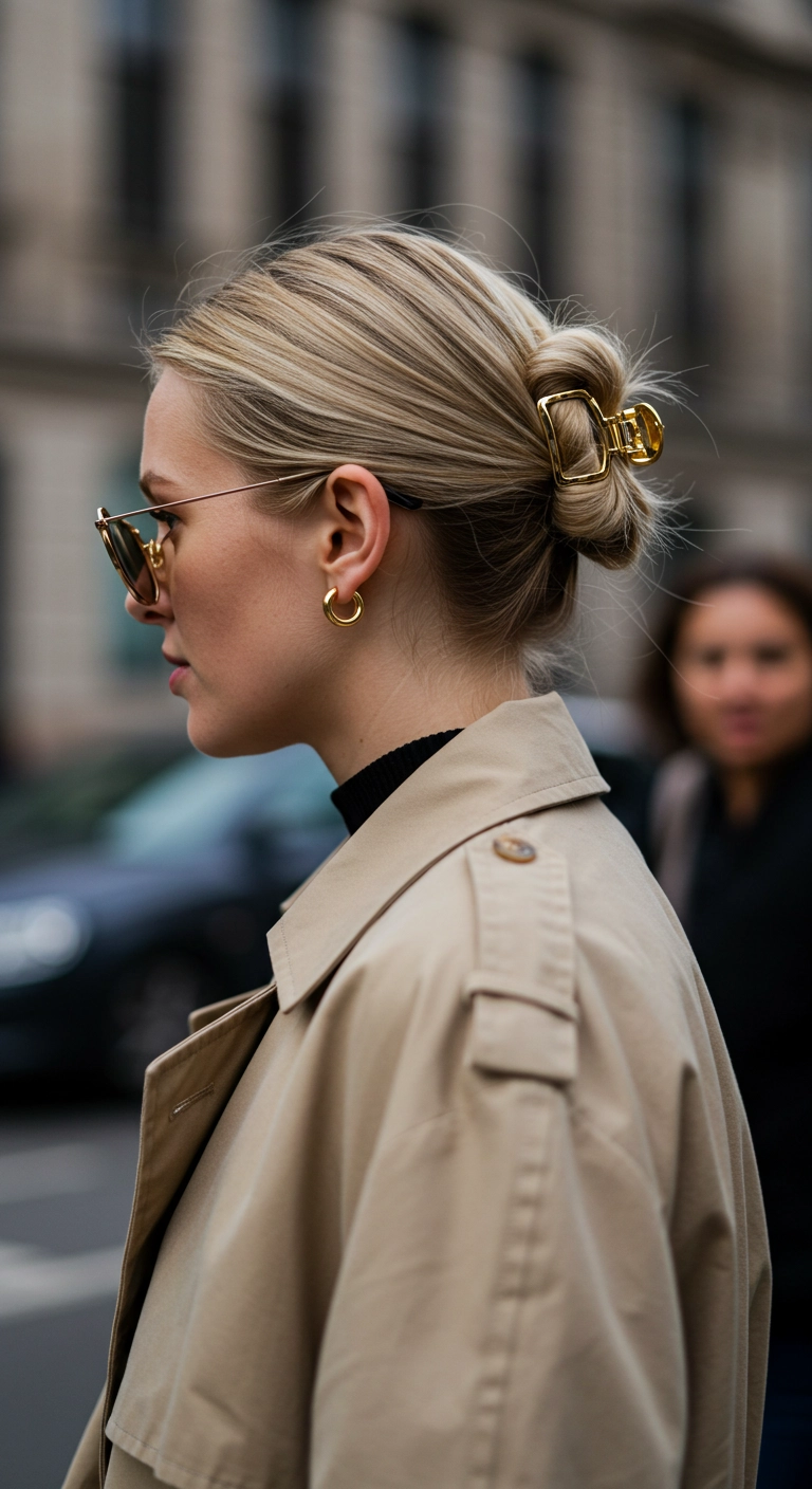 Chic Golden Claw Clip Low Bun for Blonde Highlights