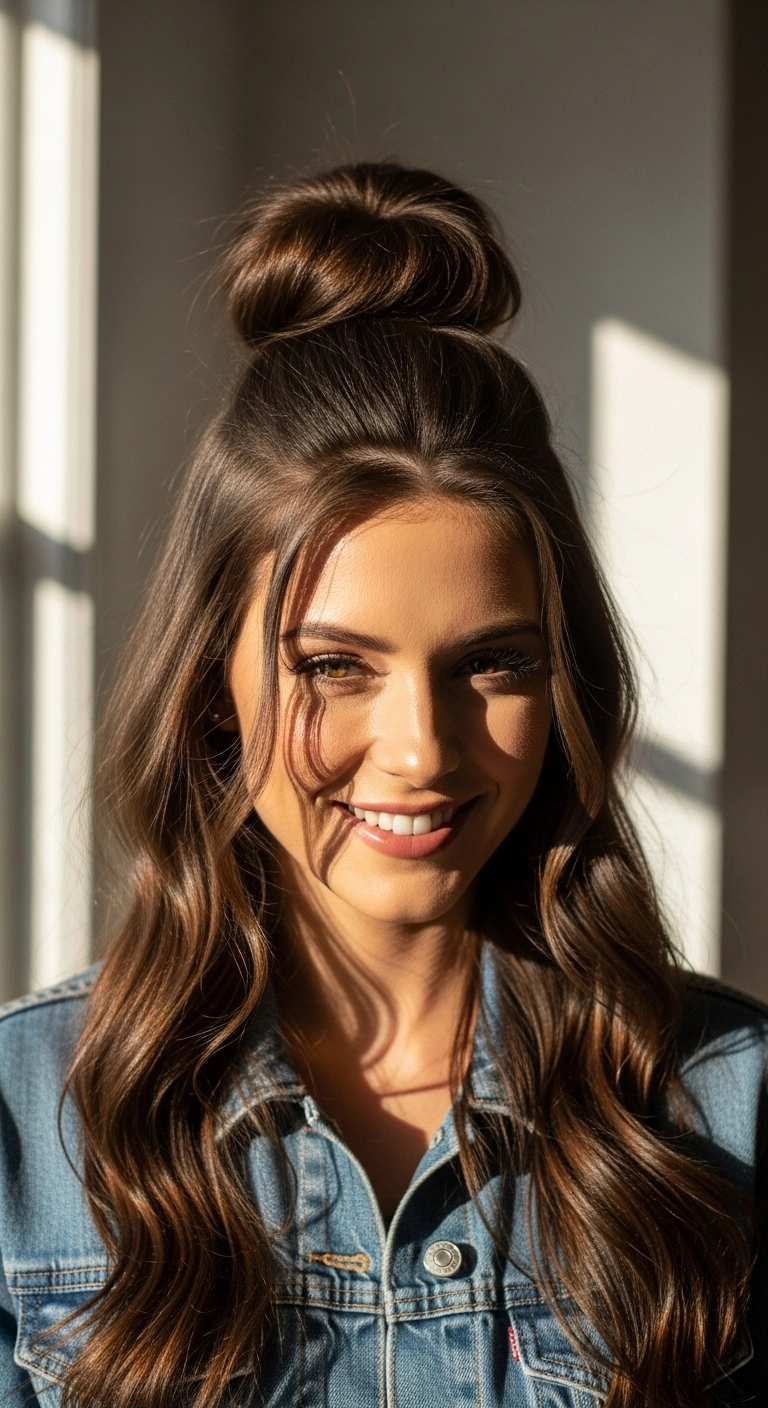 Effortless Half-Up Top Knot with Face-Framing Waves